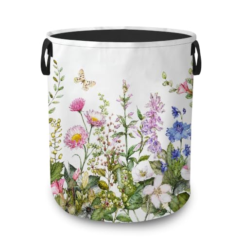 Botanical Wildflowers Collapsible Laundry Hamper,Butterfly Floral Waterproof Oxford Cloth Clothes Basket with Handles for Bathroom Bedroom Nursery Dorm Room,16" x 20" - color: Botanical Wildflowers,Butterfly Floral
