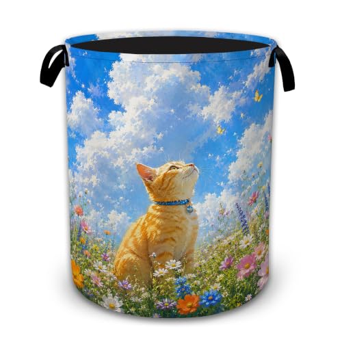 Cat Flower Field Decorative Laundry Hamper, Tall Foldable Oxford Clothes Basket with Handles, Lightweight Dirty Clothes Holder for Bedroom Bathroom Laundry Room - color: Cat Flower Field