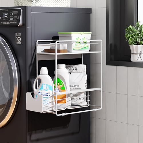 2 Tier Magnetic Shelves for Washing Machine with Pull Out Metal Drawer - color: White