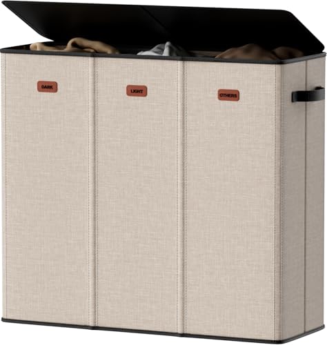 185L Laundry Hamper 3 Section, Laundry Hamper with Lid, Dirty Clothes Hamper with 3 Removable Washing Bags, Extra Large Laundry Basket Organizer for Bedroom, Laundry Room, Dorm - Khaki - color: Khaki, size: 48.86 Gal - 3 Section