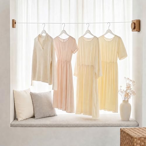 Retractable Clothesline Indoor & Outdoor, Non-Sagging Heavy Duty Retracting Laundry Drying Line, Wall Mounted Stainless Steel Clothes Line - 16.7 Ft (Wood‑Toned) - color: Wood‑toned