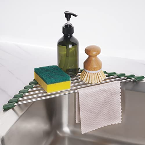 Tomorotec Triangle Roll-Up Dish Drying Rack for Sink Corner Small Foldable Stainless Steel Over The Sink Multipurpose Kitchen Drainer Caddy Organizer Storage Shelf Holder (Olive Green) - color: Army Green