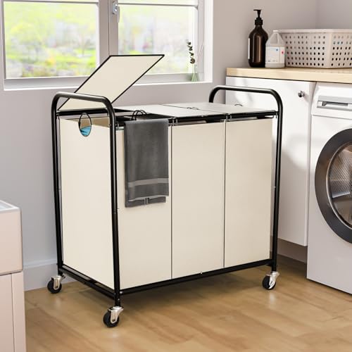 180L Laundry Sorter 3 Section, Rolling Laundry Basket with Wheels and Lid - color: White-3Sec, size: 47.55Gal