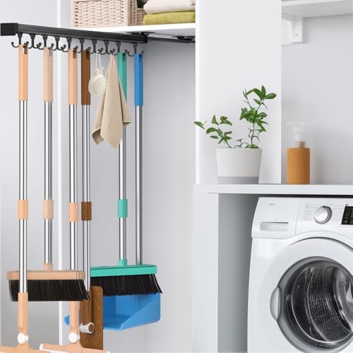 Pull Out Broom Holder With Adjustable Double Row Sliding Hook-Black 22in - color: Black, size: 56cm/22.05inch