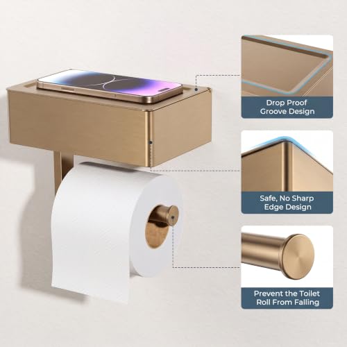 FORIOUS Toilet Paper Holder with Shelf, Wall-Mounted Modern Wipes Dispenser - color: Champagne Bronze, size: Big 1 Pack-8" (L)