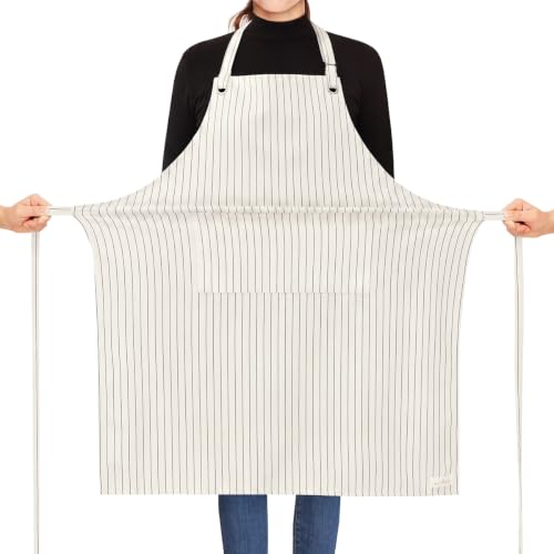 ROTANET Stripe Stretch Apron Chef Aprons for Men with 2 Pockets Waterproof - color: White