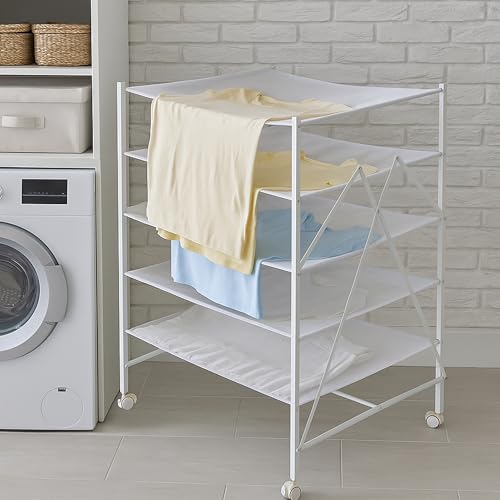 Honey-Can-Do 5-Tier Mesh Laundry Drying Rack with Wheels, Soft Nylon Flat Drying for Sweaters Delicates, Foldable Rolling Clothes Rack, 43 Linear Feet, Holds 30 lbs, White