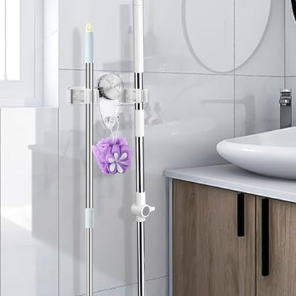 LELE LIFE 2 Pack Broom Holder Mop Hanger - Strong Suction Cup - No Drill Removable Broom Organizer Rack Wall Mount with Hooks for Bathroom Kitchen Garage, Clear - color: Clear