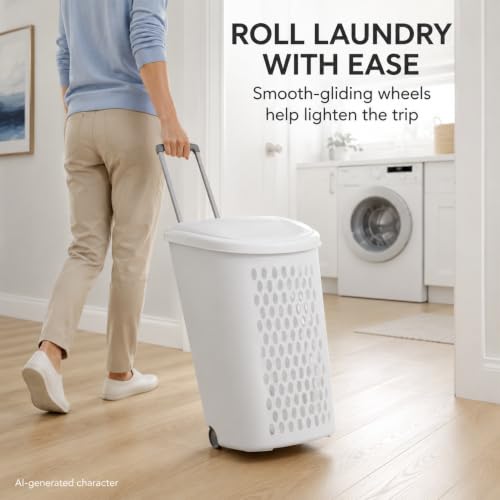 White Rolling Laundry Hamper with Wheels & Handle, 2 Bushel - color: White -Wheel-2 Bushel