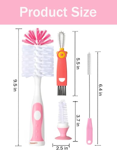 Baby Bottle Brush Set with Suction Base, Hidden Cleaner & Straw Brush, Pink - color: Pink