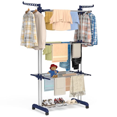Bigzzia Clothes Drying Rack Folding with Wheels Drying Rack Clothing Clothes Horses Rack Stainless Steel Laundry Drying Rack with Two Side Wings 4 Tier Upgraded Grey Blue - color: Grey Blue（upgraded）