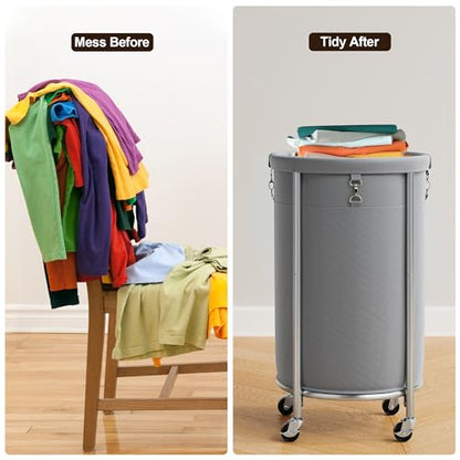ELYKEN Laundry Basket with Wheels, Round Rolling Laundry Hamper, Gray - color: Gray, size: 110L