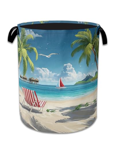 Tropical Beach Laundry Basket,Foldable Waterproof Oxford Cloth Tote Bag Hawaii Palm Tree Laundry Hamper with Handles,20.8"x16" Clothes Storage Bucket Organizer for Laundry Room, Bathroom, Bedroom - color: Tropical Beach Hawaii Palm Tree