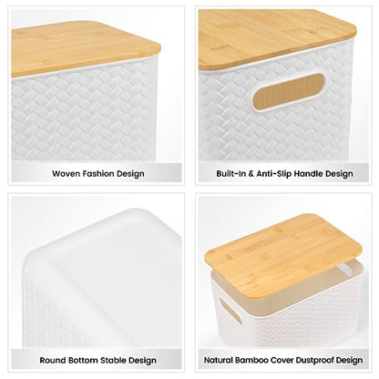 Ohmlove 4 Pack Storage Bins with Bamboo Lids,Stackable Box for Organization - color: White