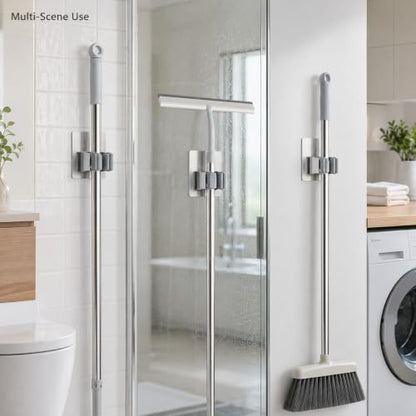 3-Pcs Silver Wall Mounted Storage Racks: No-Drill Broom and Mop Holder for 1.5-2.8cm Diameter Poles, Heavy Duty Stainless Steel Garden Tool Organizer