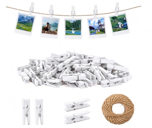jijAcraft 1.4Inch Mini Clothes Pins - 100Pcs Wooden Clothespins with String - color: White, size: 1.4 inch, 100 pcs