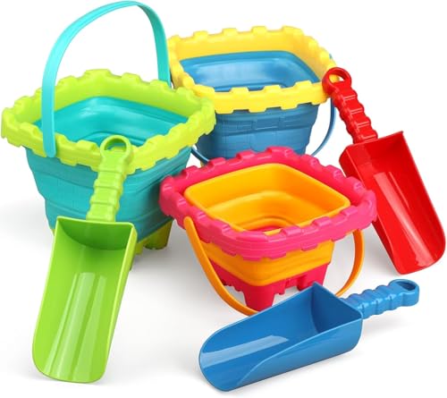 7 PCS Castle Foldable Beach Sand Buckets Toy Set with Shovels Scoop Sifter for Kids, 3L Silicone Collapsible Bucket Pails for Toddler, Summer Toy, Sandbox Kit Camping Gear Beach Essential Gift