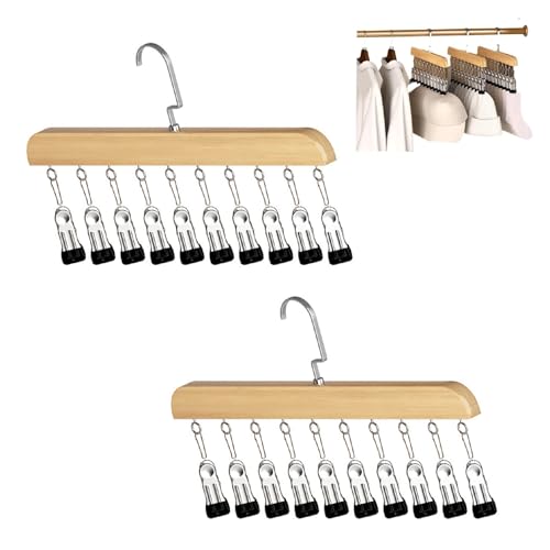 Hat Hangers for Closet,Space Saving Hanging Hats Organizer with 10 Clips,Wooden Legging Hangers 2 Pack,360° Rotating Closet Organizer for Pants, Skirts and Socks Storage (Set of 2,Natural) - color: Natural Wood*2