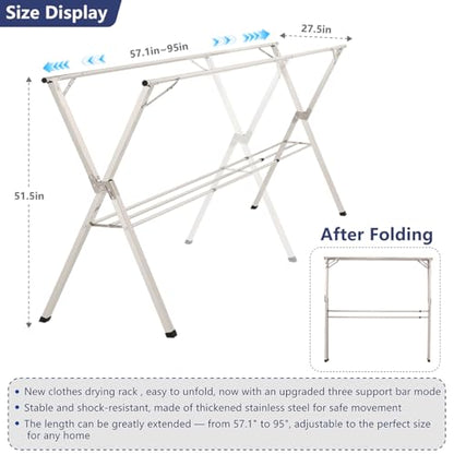 95 inches Foldable Clothes Drying Rack, Stainless Steel Indoor Outdoor Use - size: 95