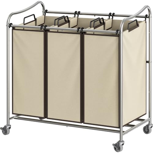 Simple Houseware Heavy Duty 3-Bag Laundry Sorter Rolling Cart, Chrome - color: Chrome