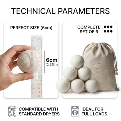 XL Wool Dryer Balls (6-Pack) - 100% Organic New Zealand Wool Laundry Balls for Dryer - Natural Fabric Softener & Reusable Anti Static Solution to Reduce Wrinkles & Shorten Drying Time