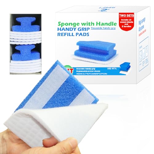 Magic Sponge with Handle | 2Reusable Handle+10Refill Pads | Multi-Use Clean