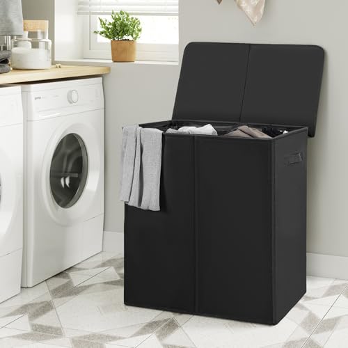 WOWLIVE 140L Double Laundry Hamper 2 Section with Lid and Removable Bags - color: Black, size: 140l (23.6x 13.8x 25.6 Inches)