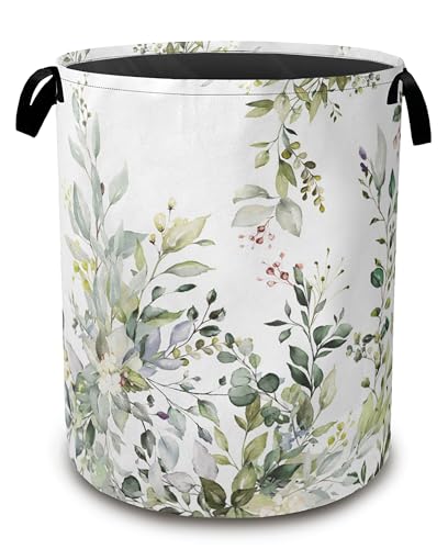 Laundry Basket,Sage Eucalyptus Collapsible Laundry Baskets, Green Leaves Waterproof Hamper with Handles for Bathroom Bedroom Nursery Home Storage16"x20" - color: Sage Eucalyptus,Green Leaves