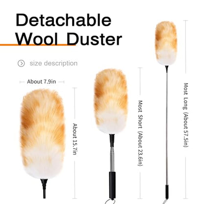 Lambswool Feather Duster with Extension Pole up to 57.5inch,Extendable Feather Duster Used for Cleaning High Ceiling Fan, High Ceilings,Furniture,Hard to Reach Areas - size: 23.6-57.5inch