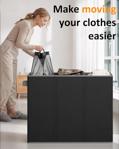 Optish 180L Laundry Hamper 3 Section, Large Hamper with Mesh Bags & Lid - color: Black