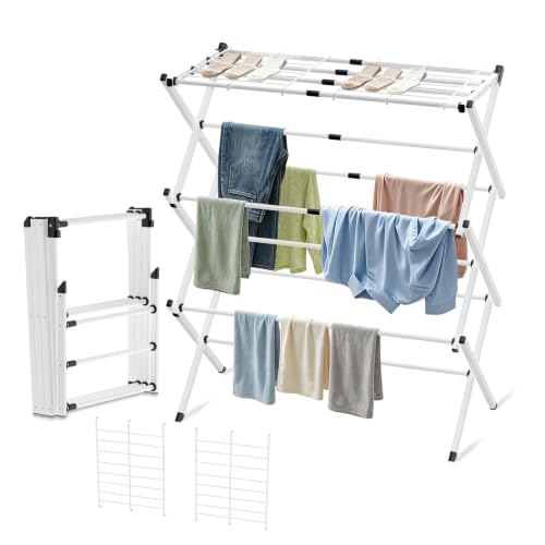 BAKON Space Saving Foldable Clothes Drying Rack, Extendable Rustproof Laundry Rack for Indoor Outdoor Use, No Assembly Required, Suitable for Bathroom Laundry Room Apartment RV, Gray, 2 Mesh - color: White+2 Mesh