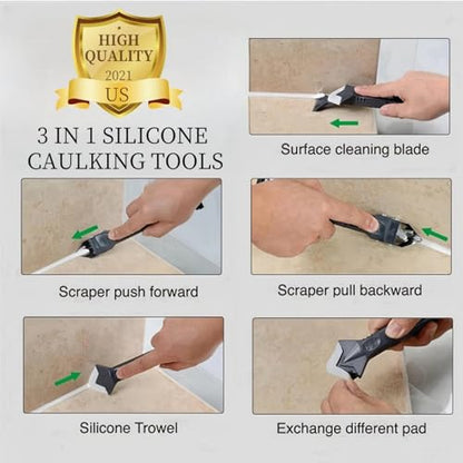 Silicone Caulking Tool 3 in 1, Glass Glue Angle Scraper, Stainless Steelhead Caulk Remover and Sealant Scraper, for Kitchen Bathroom Window and Frames Sealant Seals - style: Classic Black