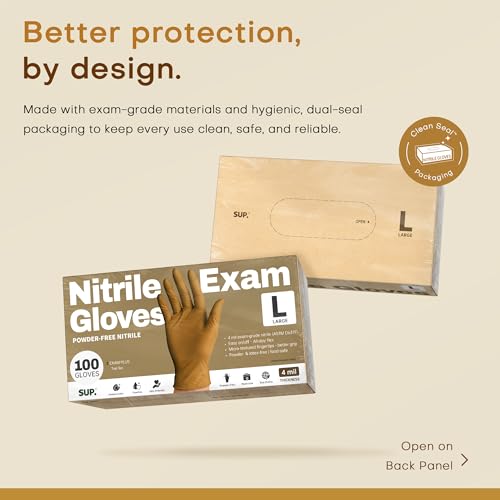 SUP Powder-Free Nitrile Exam Gloves, 100/1000 Ct Food Safe Latex-Free Disposable Glove Medical Cooking Cleaning Food Prep Tan - color: 100 Large (Trail Tan)
