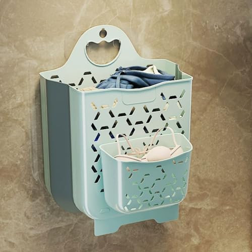 2PCS Hanging Laundry Baskets with Carry Handle, Foldable Plastic Laundry Hamper, Wall Hanging Storage Basket, Dirty Clothes Storage Bin Multi-function Storage Container, Set of 2 (Blue,Small) - color: Blue