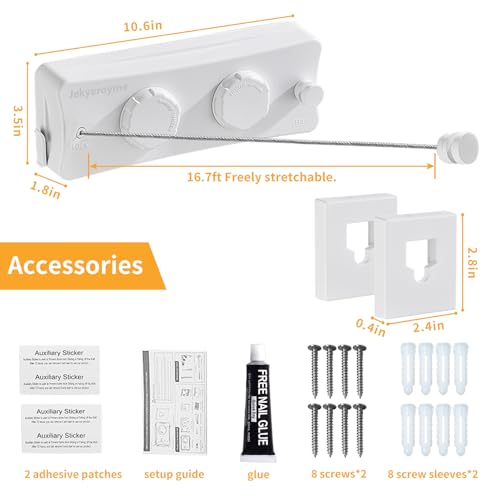 Retractable Clothesline, 16.7 Ft Stainless Wire Double Clothes Line, White - color: White, size: Double Line