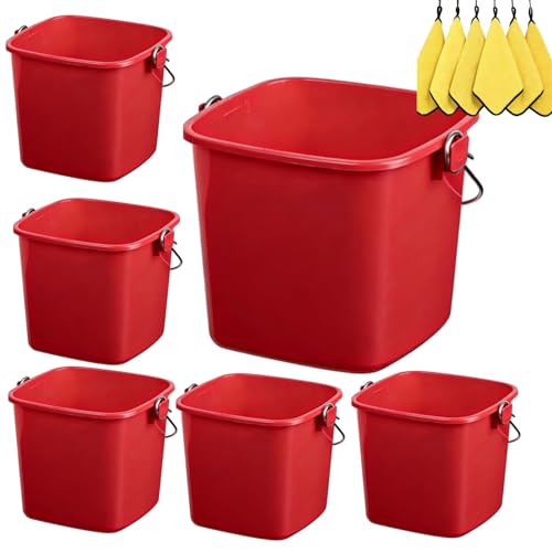 6 Packs 3 Quart Plastic Square Bucket with Handle, Heavy Duty Utility Bucket for Cleaning, Storage, Commercial and Household Use, Includes 6 Pack Cleaning Cloths