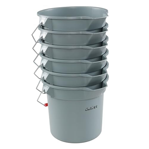 6-Pack 14 Quart Plastic Cleaning Round Bucket with Handle, Gray