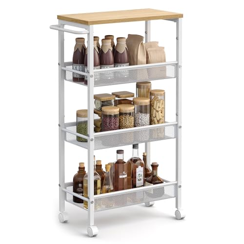 VASAGLE 4-Tier Slim Rolling Storage cart with Wheels, 8.7 Inches, Metal - color: Oak Beige + Classic White, size: 4 Tiers (8.7"D x 30.3"H)