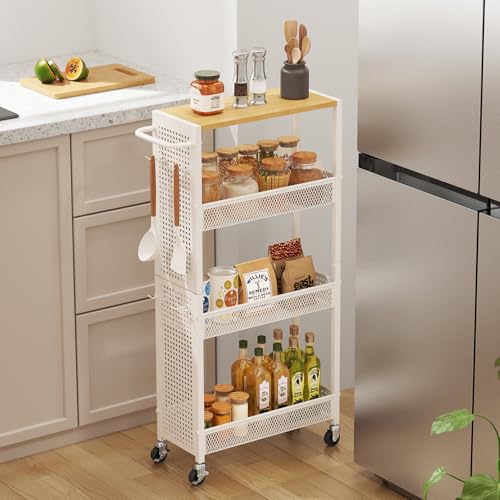 Utility Slim Storage Cart 4 Tier Rolling Laundry Room Organization Cart： - color: White, size: 5.1 inch wide