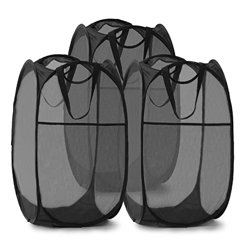 TECHMILLY Collapsible Mesh Pop Up Laundry Hamper with Sturdy Handles and Side Pocket - Portable Foldable Clothes Baskets for Dorm, Bathroom & Travel Storage (Black, 3 Packs) - color: Black, size: 3 Pack