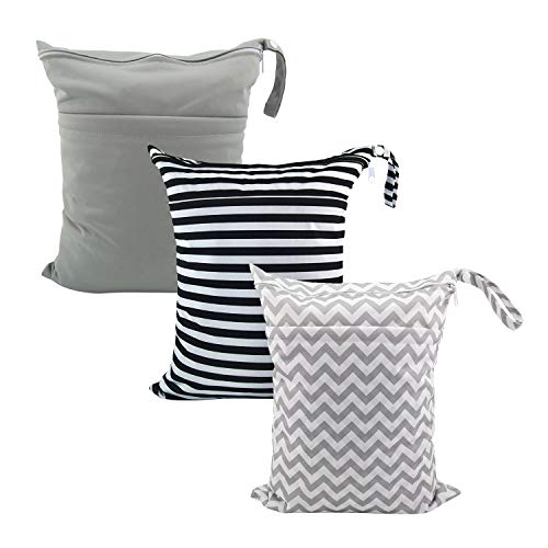 ALVA 3 Pack Wet Dry Bags for Cloth Diapers, Swimsuits & Gym Clothes, Waterproof Reusable Baby Diaper Bag with 2-Zippered Compartments, Hanging Strap, Machine Washable, Medium for Dayca - color: Classic color