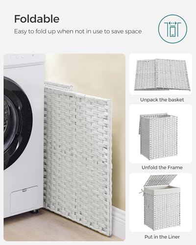 SONGMICS Laundry Hamper with Lid, 23.8 Gal (90 L) Synthetic Rattan,Foldable - color: Cloud White, size: 90 L