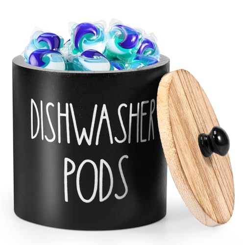 Round Dishwasher Pods Container, Wood Dishwasher Pod Holder with Lid for Kitchen Decor, Laundry Pod Container for Laundry Detergent Storage (Black) - color: Black