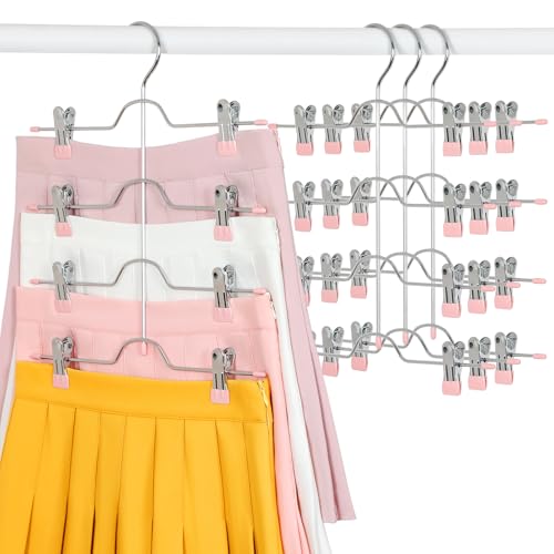 TOPIA HANGER 4 Tier Metal Skirt Hangers with Clips 80% Space Saving 4 Pack - color: Pink, size: 4 Pack