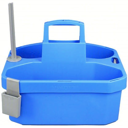 Blue Polypropylene Janitorial Cleaning Caddy with Paper Towel Holder, 15" L x 14" W x 14" H Fits Many Size Trash Garbage Bins, Includes Compartments For Clothes, Sponges, and Other Cleaning Supplies