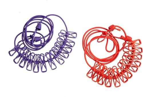 Retractable Portable Clothesline for Travel Laundry Drying Rope with Clips for Indoor, Outdoor, and Camping Use Bungee Cord Design for Quick-Dry Clothes (2 Pack, Purple and Red)
