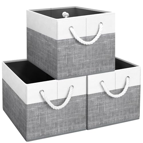 Fab totes Storage Bins Foldable Storage Baskets with Rope Handles - color: White & Grey, size: 3pack
