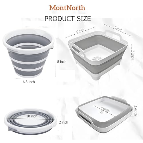 MontNorth Collapsible Basin Bucket,9L Collapsible Dishpan with Drain Plug for Kitchen Sink,5L Portable Foldable Small Plastic Water Supplies for Outdoor Garden Camping Fishing Car Wash(Sets of 2) - color: Gray - Set of 2