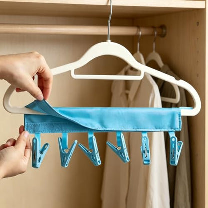Mini Clothespins Travel Hangers 3-Pack Solid Blue, Foldable Portable Clothes Hangers with 6 Non-Slip Clips for Socks Swimsuit Towel Drying Rack, Cruise Dorm Camping Travel Essentials - color: 3-blue