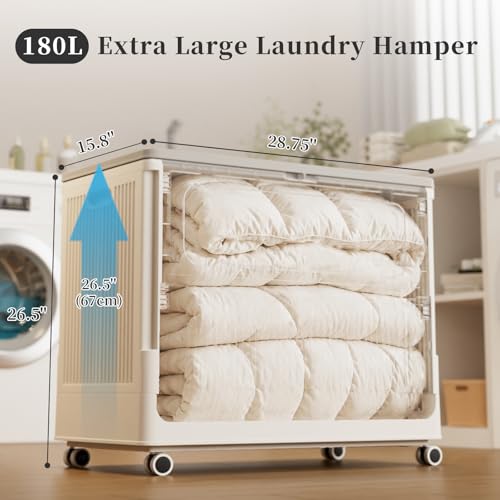 Extra Large Laundry Hamper with Lid Wheels 180L - color: Milky, size: 180L